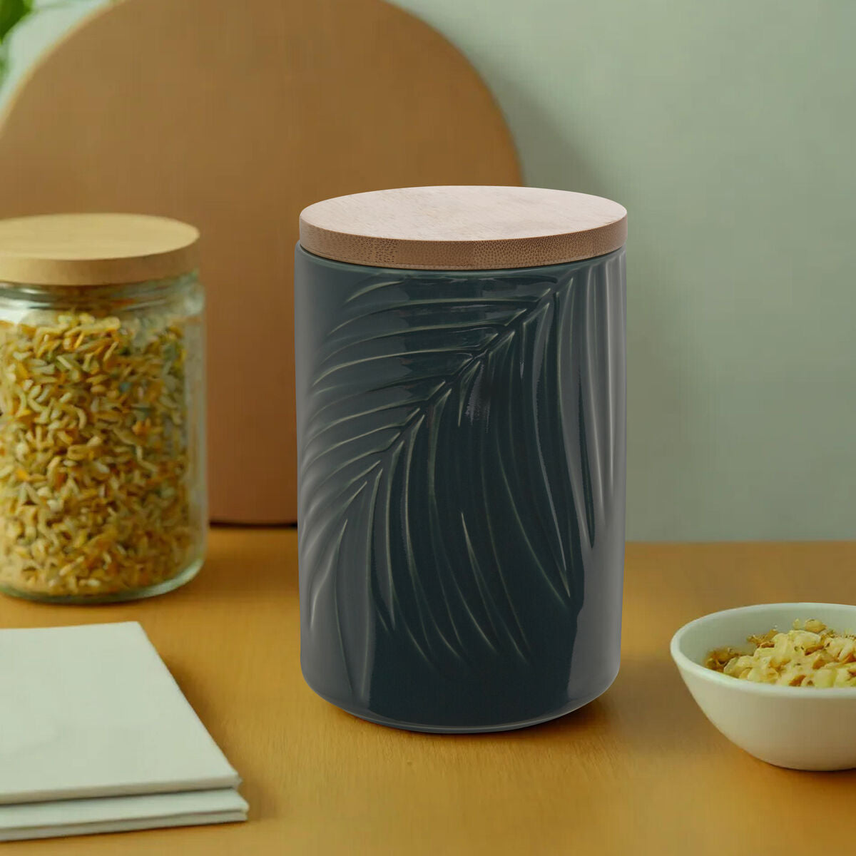 Bali Dark Green Medium Storage Jar with Bamboo Lid