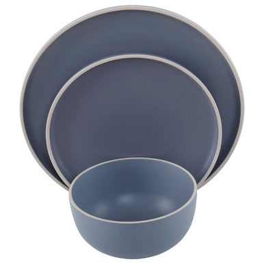 Elmira Twelve Piece Blue Stoneware Dinner Set With Grey Rim