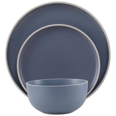 Elmira Twelve Piece Blue Stoneware Dinner Set With Grey Rim