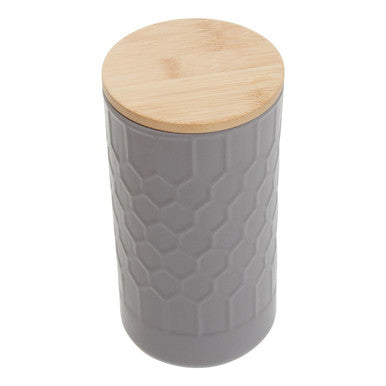 Gray textured container with a wooden lid on a white background