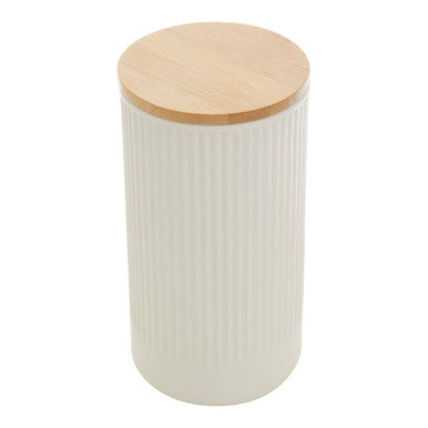 White textured canister with a wooden lid on a white background