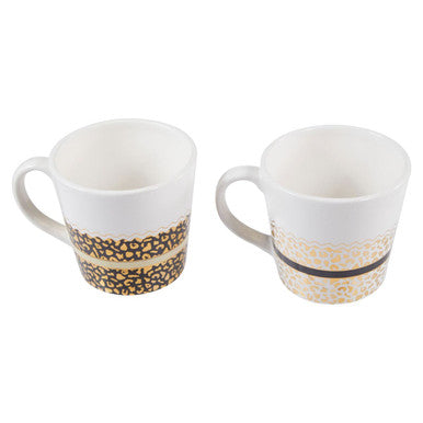 Two white mugs with decorative patterns on a white background