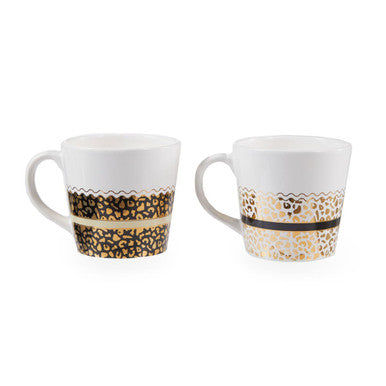 Two mugs with leopard print patterns on a white background