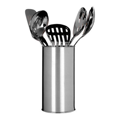Set of stainless steel kitchen utensils in a cylindrical holder on a white background