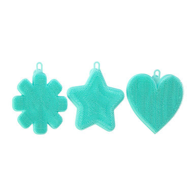 Three turquoise scrubbies shaped like a star, flower, and heart on a white background