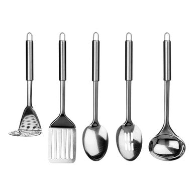 Set of stainless steel kitchen utensils including a spatula, ladle, and spoons on a white background.