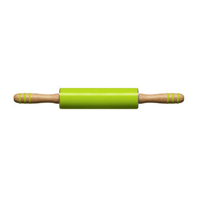 Green rolling pin with wooden handles on a white background