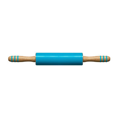 Blue rolling pin with wooden handle on a white background
