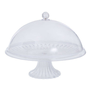 White cake stand with dome lid on a white background