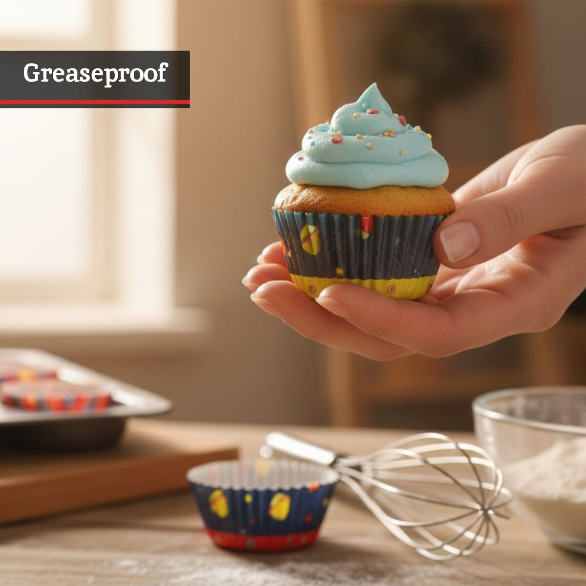 Person holding a cupcake with blue frosting on a wooden table with baking tools.
