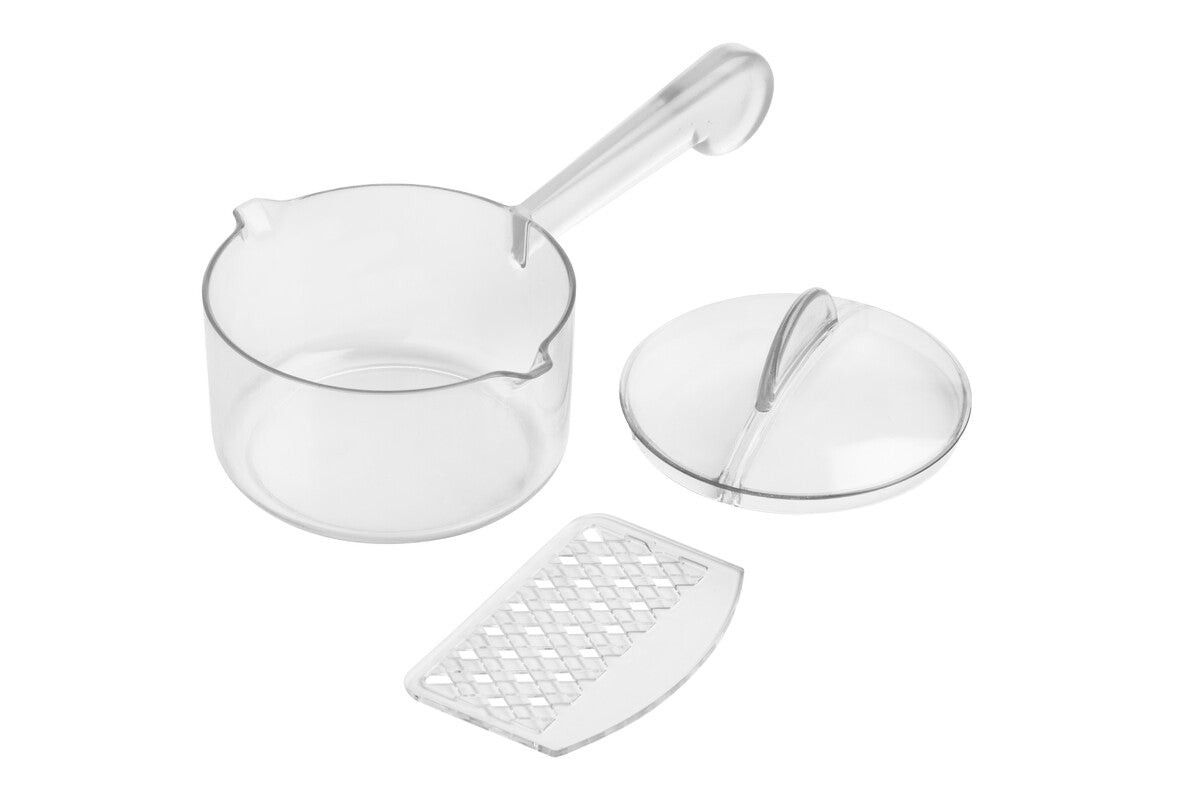 Clear plastic kitchen tool set with lid, spatula, and grater on a white background
