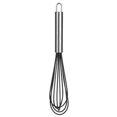 Black whisk with a silver handle on a white background