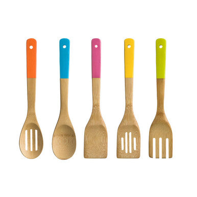 Set of wooden kitchen utensils with colorful handles on a white background