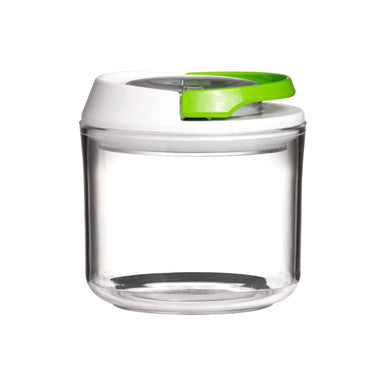 Clear glass jar with a green lid on a white background