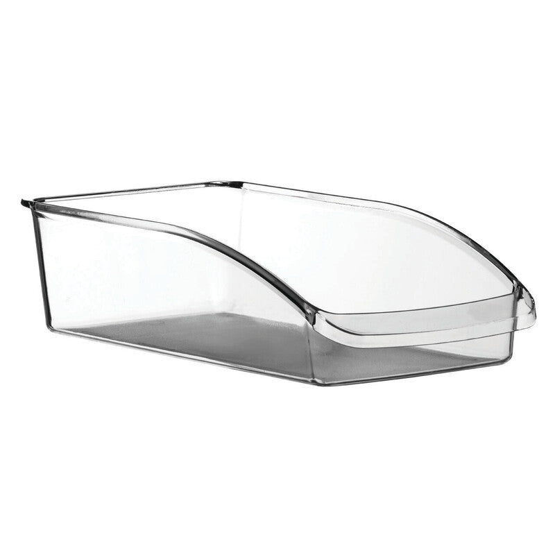 Clear plastic storage bin on a white background