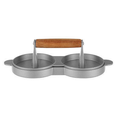 Metallic double-socket tool with a wooden handle on a white background