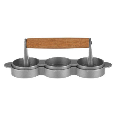 Metallic three-compartment holder with wooden handle on a white background