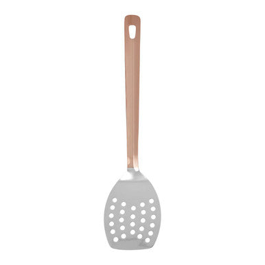 Gray slotted spoon with a wooden handle on a white background