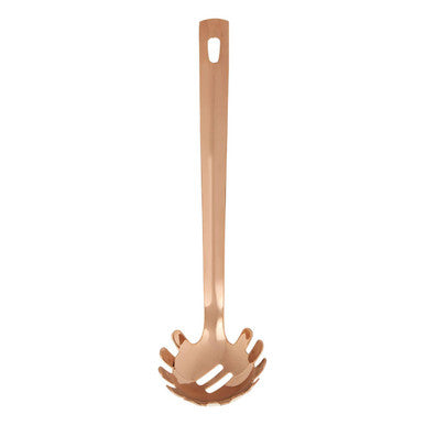 Copper-colored slotted spoon on a white background