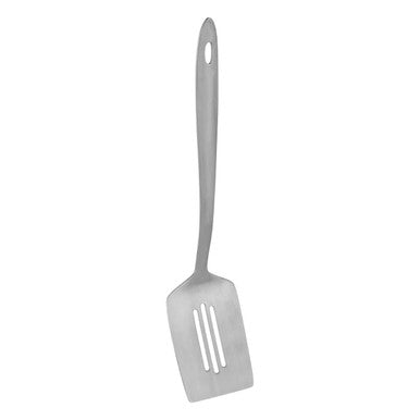 Gray slotted spatula on a white background