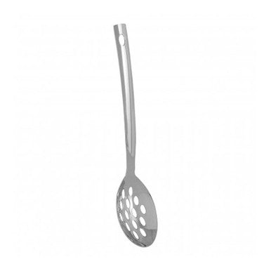Metal slotted spoon on a white background