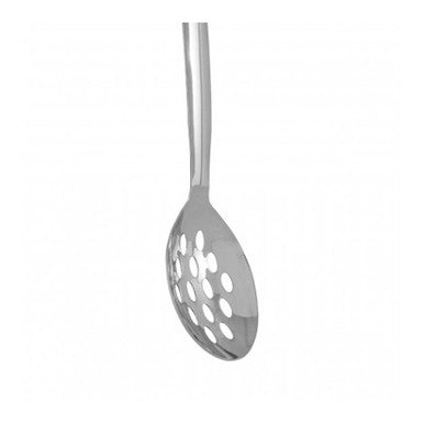 Metal slotted spoon on a white background