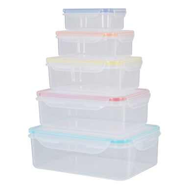Set of clear plastic food storage containers with colorful lids on a white background