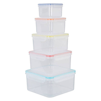 Set of clear plastic food storage containers with colored lids on a white background