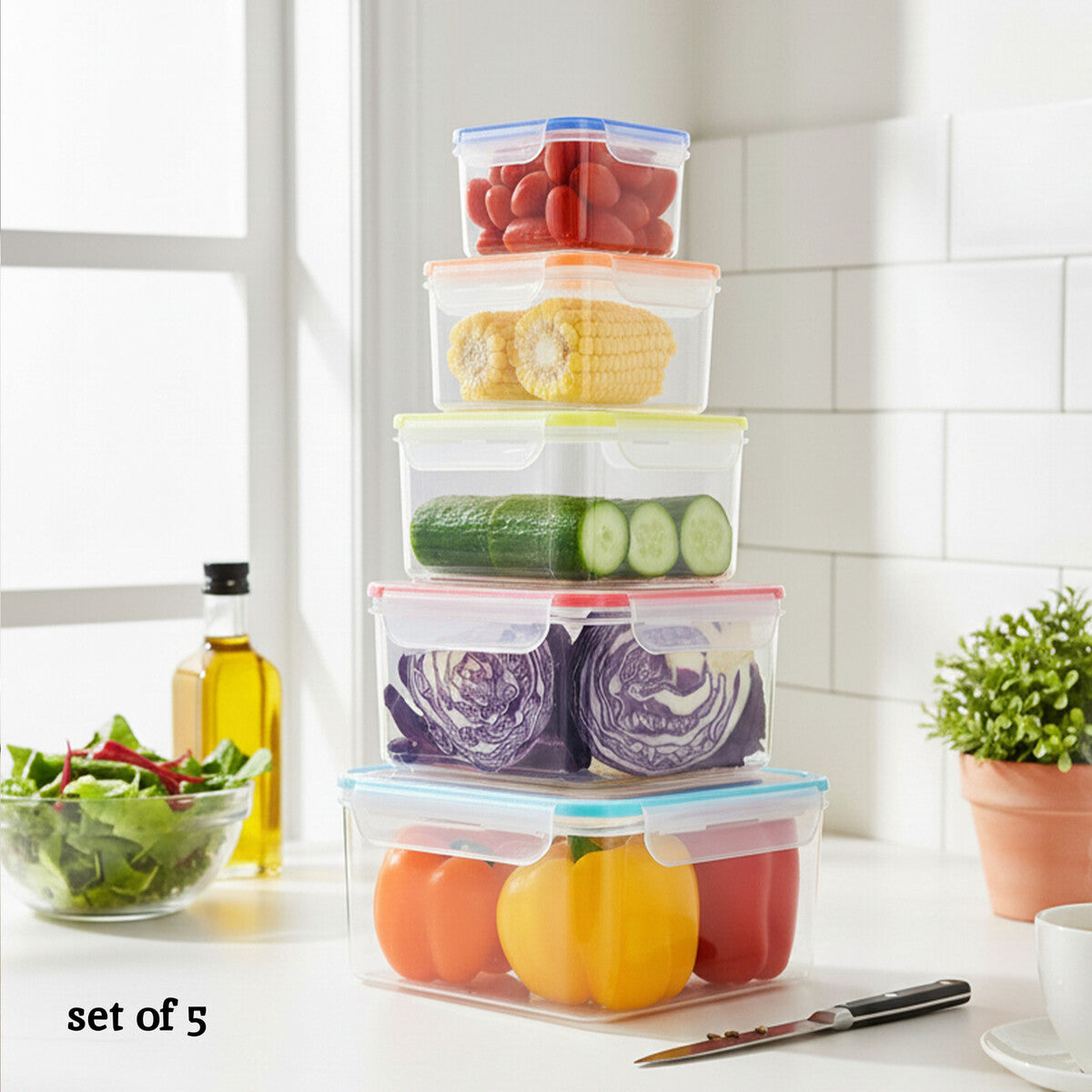Herrela 5Pc Square Food Containers With Airtight Lids