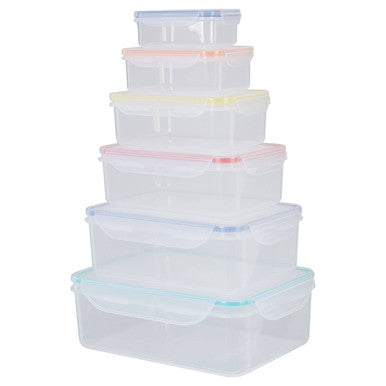 Stack of clear plastic food containers with colored lids on a white background