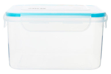 Clear plastic container with a blue lid on a white background