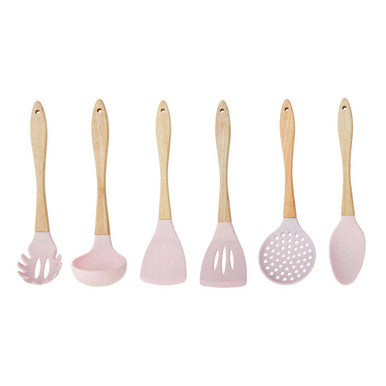 Set of six pink kitchen utensils with wooden handles on a white background