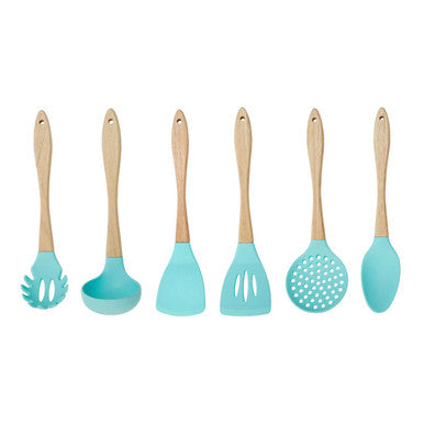 Set of kitchen utensils with turquoise silicone heads and wooden handles on a white background