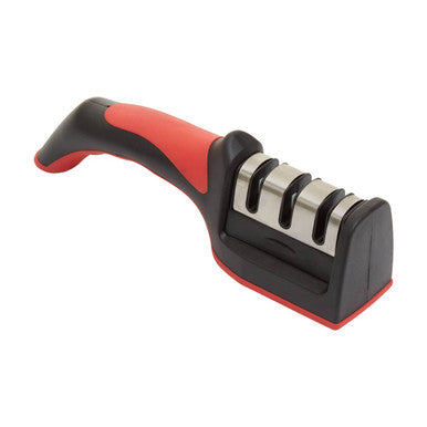 Knife sharpener with red and black handle on a white background