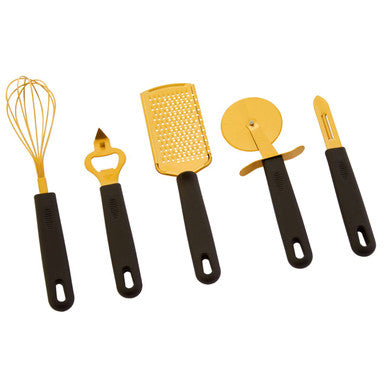 Set of kitchen utensils with black handles on a white background