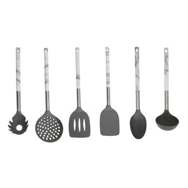 Set of kitchen utensils with marble pattern handles on a white background