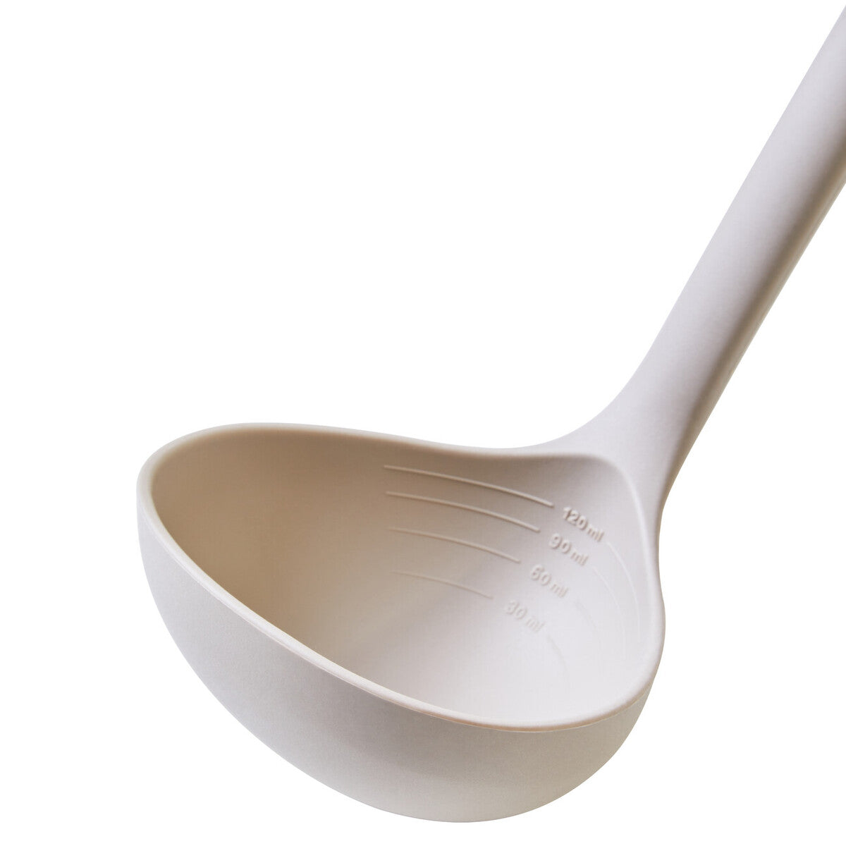 White ladle with measurement markings on a white background