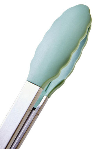 Silicone tongs with a light blue handle on a white background