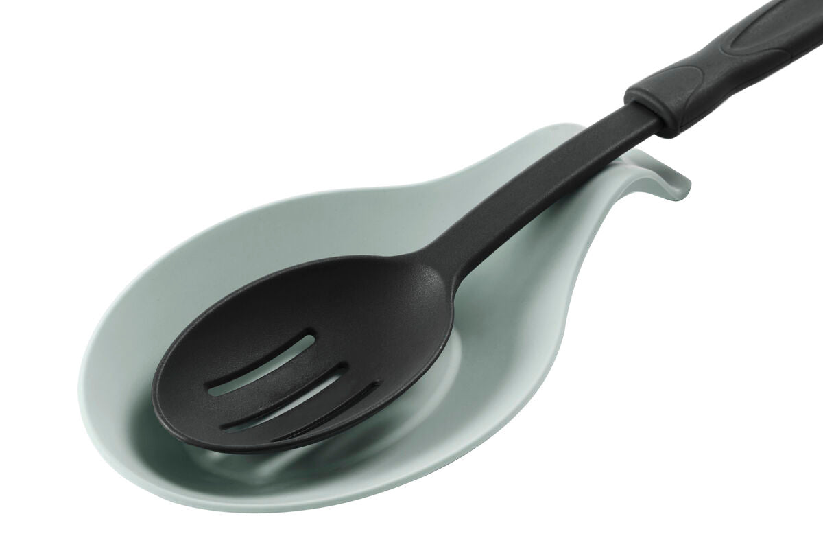 Gray ladle with black spoon on a white background