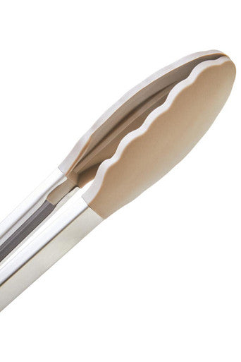 Pair of tongs with a beige head and white handle on a white background