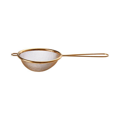 Metallic strainer with a handle on a white background