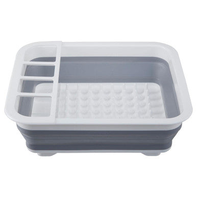 Collapsible dish rack with gray interior and white exterior on a white background