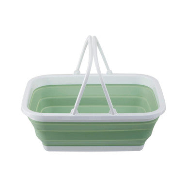 Green and white collapsible basket on a white background