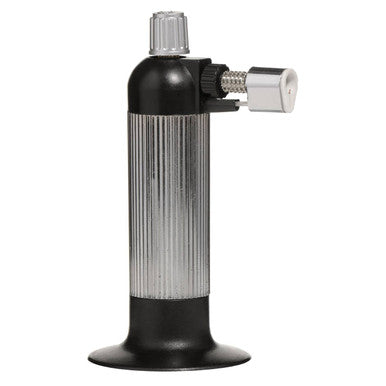 Butane torch with black body and silver nozzle on a white background