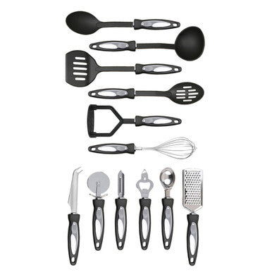 Set of black kitchen utensils including spoons, spatulas, and tools on a white background