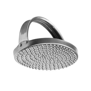 Chrome shower head on a white background