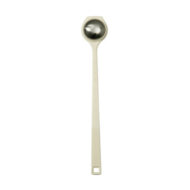 Long wooden spoon with a metal scoop on a white background