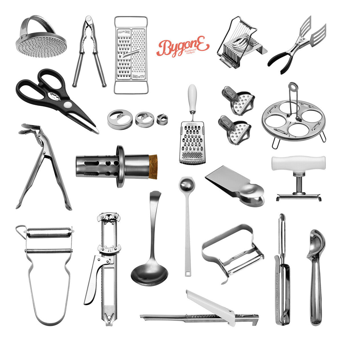 Collection of kitchen utensils and tools with &