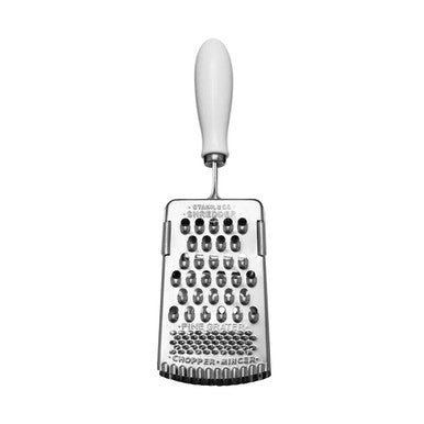 Metal box grater with white handle on a white background