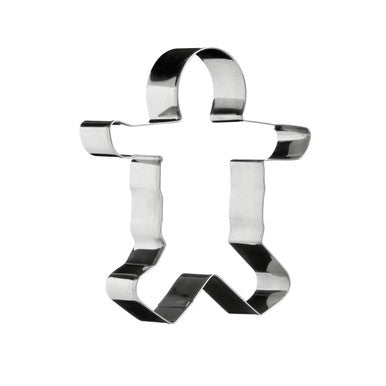 Metallic gingerbread man cookie cutter on a white background